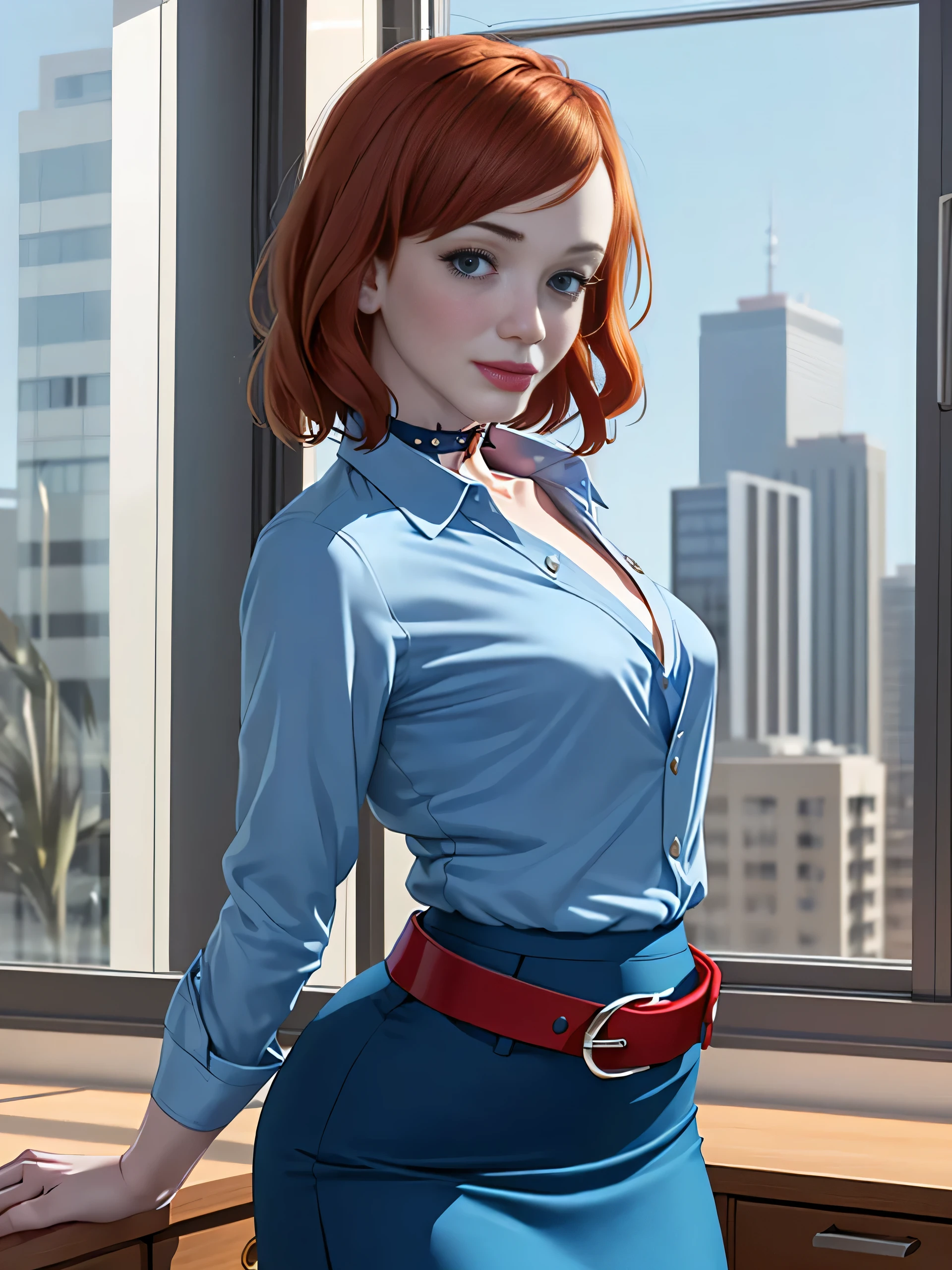 Christina Hendricks, (Christina Hendricks:1.5), masterpiece quality, (masterpiece quality:1.3), detailed, realistic, (realistic:1.3), 1girl, solo, (solo:1.9), alone, in a 1960s office, office desks in background, window of cityscape in background, short hair, wearing choker collar, secretary, wearing blue blouse, (blue blouse:1.9), wearing blue skirt, (blue skirt:1.5), wearing red belt, (red belt:1.5), thin body, small breasts, (small breasts:1.5), 