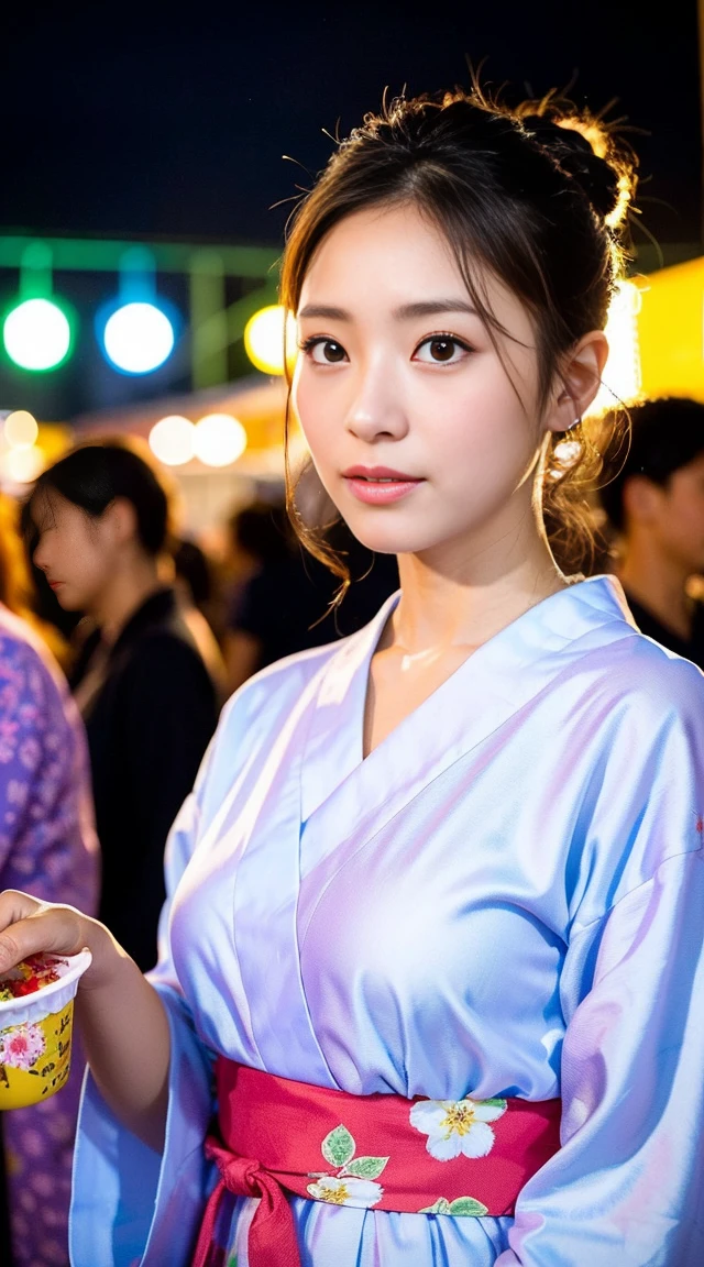 Dark brown hair、Light brown eyes、Japanese actress、 Lady、I am about 40 years old..、(Intricate details:1.2)、(Which is higher???:1.4)、 (Ultra-high resolution:1.2)、Ultra-high resolution、(Fine-tune)、(Detailed facial features)、Hmph、8k resolution、D cup size breasts、Long Hair、Hue、night、,Full body photo、Updo、Enjoying the festival、Japanese Festivalsの活気ある光景. The woman is wearing a yukata with a colorful floral pattern., Her hair is styled with a decorative hairpin. A woman wearing a traditional summer yukata. They have festival foods such as takoyaki and cotton candy..nightのお祭り、Summer festival、Japanese Festivals、night祭り、A street lined with stalls selling takoyaki, yakisoba, and other street food.、