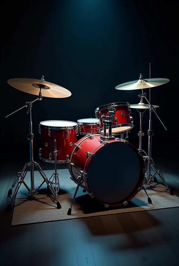 Create a detailed and realistic image of a drum set used for music. The drum set should include a bass drum with a pedal, snare drum, tom-toms, hi-hat cymbals, ride cymbal, and crash cymbal, all arranged in a standard configuration. The drums should have a glossy finish, with chrome hardware and realistic textures for the drumheads and cymbals. The background should be a simple, dark stage or studio setting, with subtle lighting that highlights the drum set's details and reflections."
