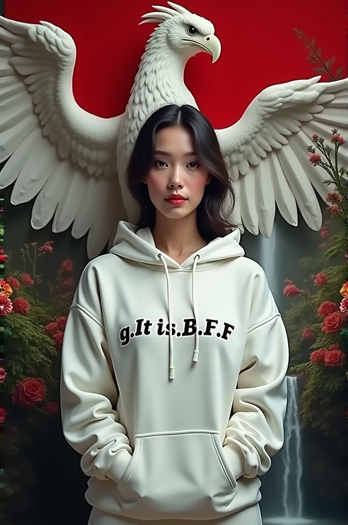 wanita cantik Indonesia usia 25 tahun, wearing a very realistic white hoodie with italic style writing "g.It is.B.F" spelled out clearly, ia berpose anggun dalam foto studio dengan burung garuda yang megah, The Indonesian National Emblem behind it. The background features the Indonesian red and white flag artistically combined with a hidden mystical forest with a waterfall full of colorful flowers., featured in hyper art, hyper detail, resolusi full hd