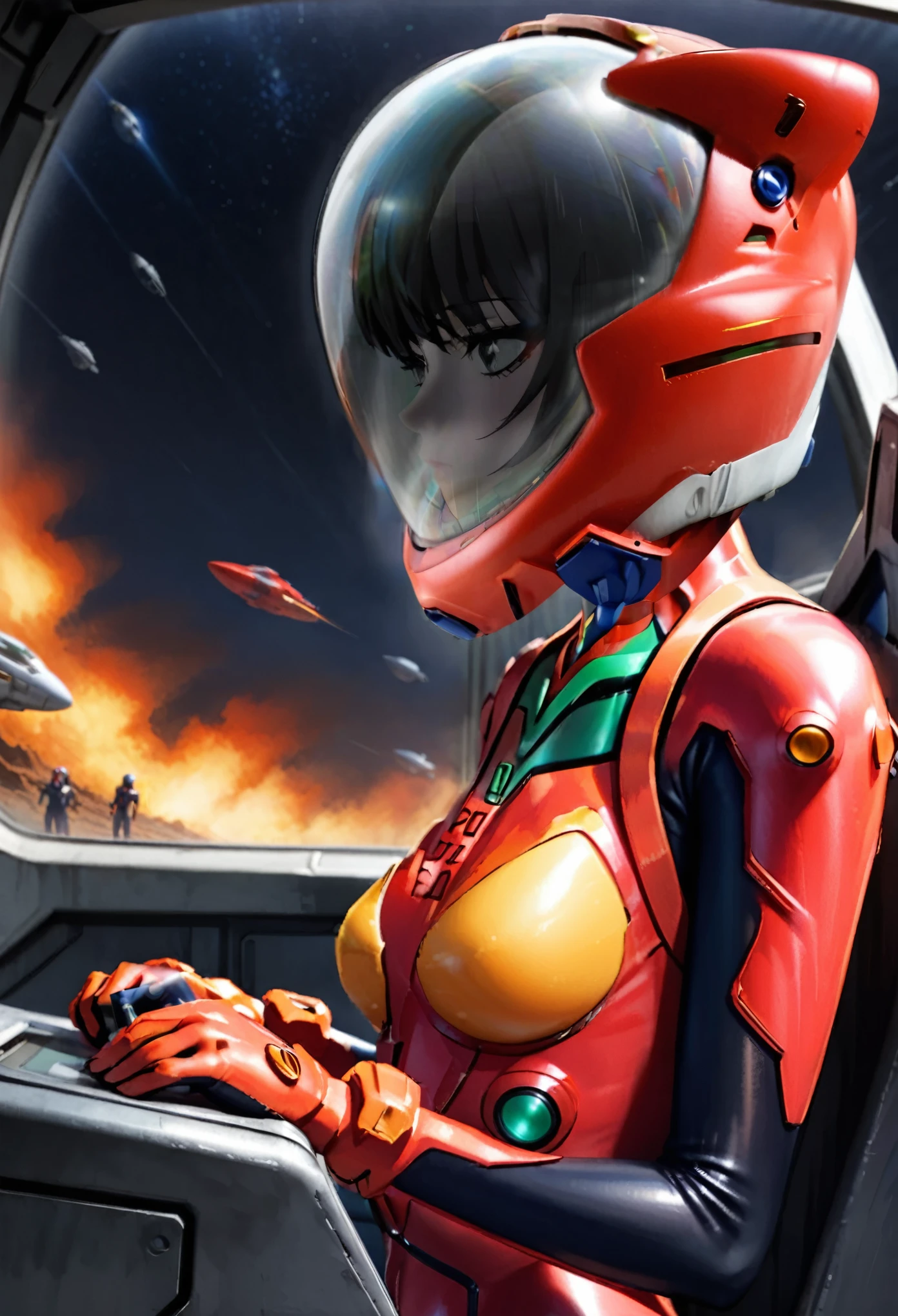 plugsuit, red bodysuit,evangelion,red helmet, space helmet ,( short hair, street, emo, BLACK hair, whit\e eyes, eyeliner, apocalypse, girl, nside the (cockpit) of a (futuristic spaceship:1.6), , blush,sitting on a chair, covered navel, space helmet, muvluv, space helm, plugsuit , space helmet, eva helm,t, short hair, ,helmet, from side