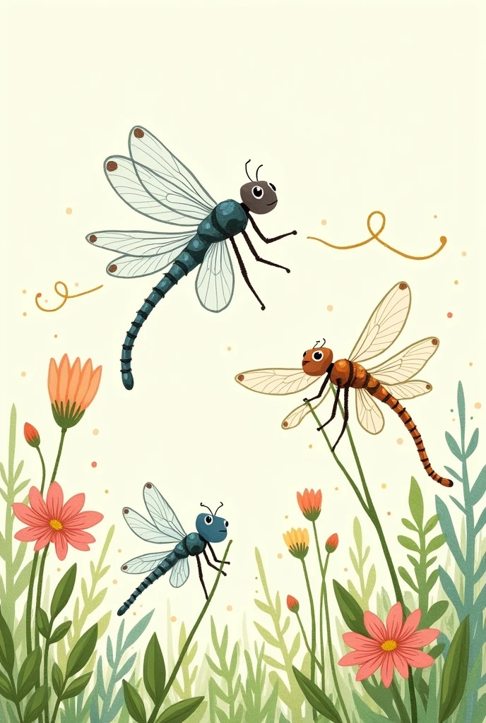 Please draw a realistic dragonfly that looks like it was drawn by an elementary school student.。
It's okay to have multiple dragonflies, and I'd like a background as well。