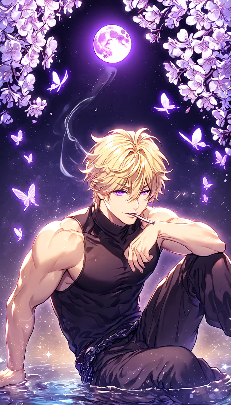 absurdres, highres, ultra detailed, HDR, master piece, best quality, extremely detailed, Genjou Sanzo, blonde hair, expressive purple eyes, Saiyuki Reload, solo, sexy man, handsome, sensual, manly man sitting, manly face, black tight turtleneck shirt, sleeveless, black pants, smoking, fantasy, magical, shining, purple flowers, blossoms, water, purple petals, purple butterflies, sparkling, purple moon, starry sky