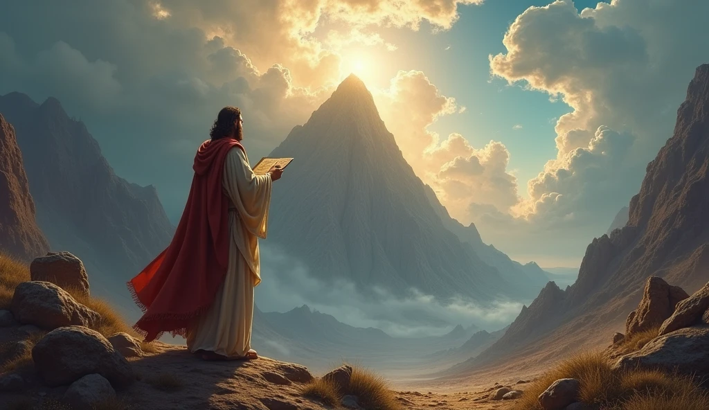 Moses on Mount Sinai, receiving the Tablets of the Law. The background shows an imposing mountain and mystical clouds. Tons of brown and blue dominate, symbolizing the gravity of the moment.