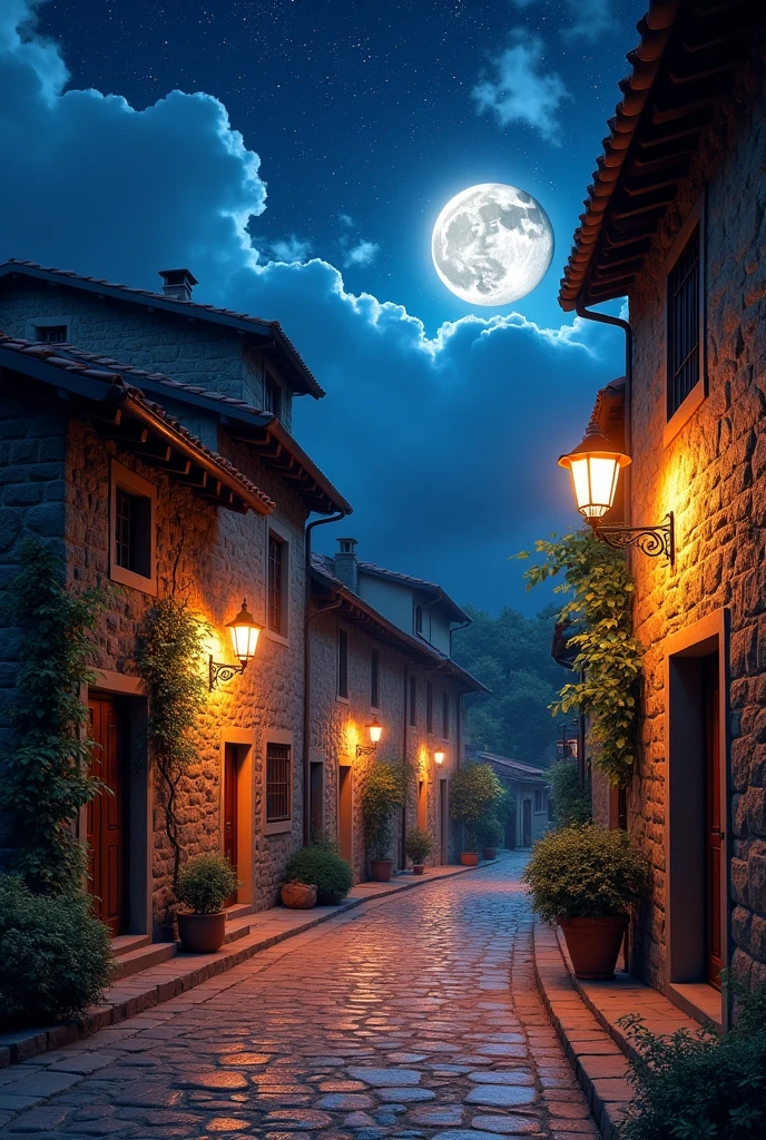 A serene night scene of a quaint cobblestone street in a rustic Italian village, lit by orange street lamps. The moon is large and bright in a starry sky, partially obscured by clouds. Stone houses with terracotta roofs line the street, with narrow windows and jasmine vines on the walls. Soft light reflects off the cobblestones, creating a magical atmosphere