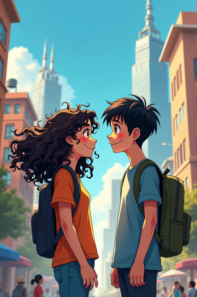A couple of teenagers, She has curly hair and he has straight, black, short hair