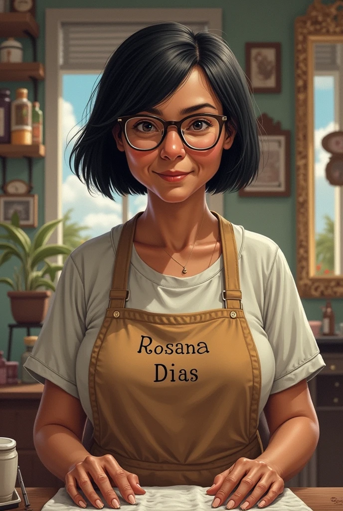  Drawing of an elderly brown-skinned mother with short, straight black hair.

Fat

Wearing glasses

In a beauty salon

Wearing an apron with the name Rosana Dias 