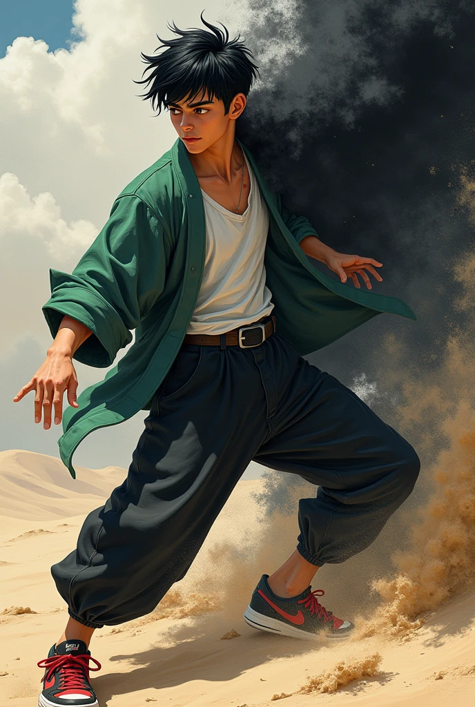 Create an illustration of an 18-19 year old boy, with short black hair and orange eyes, giant burn scar on the left side of the face, skin fair, wearing an open green haori, white undershirt, black pants and a pair of red and black sneakers, transforming his right side into black sand and manipulating a black sandstorm.