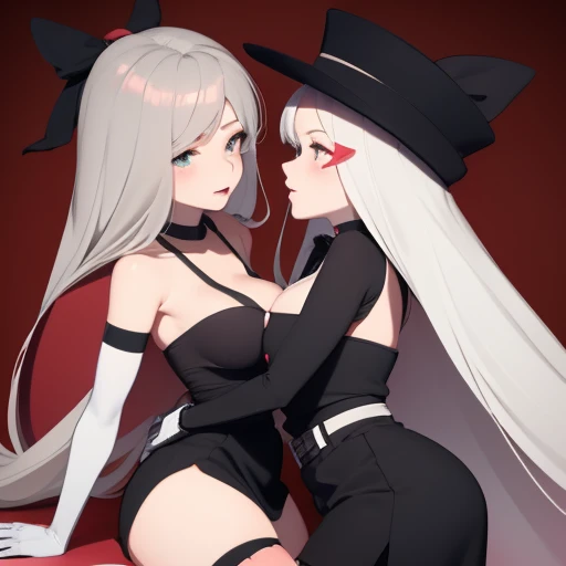 "2 girls, ((Masterpiece)), [Slim], (Small breasts), Pale skin, ((Detailed eyes)), (Background blur), ganyudef white long hair, Red eyes, villainous, Dark theme, [eyes liner], Evil".. Embracing. Profusely Blushing, profusely sweating. Naked Lesbian.  (Groping fondling pulling breasts). Spit. (Bunny suit).  [multiple penetration cream-pie] [stripping of clothes]  {bending over), recoil, violent. Kneeling. Heart pupils. Deepthroating. Crawling. (Cum dripping spread pussy) exposed pussy. Pulling hair, long tongue. Masturbation. Dildo. Rape. sex. Open mouth. Crawling. Smut. Erotica.