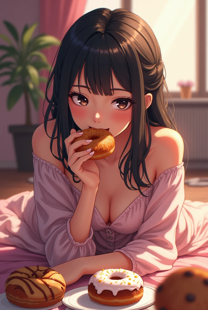 ((アニメ)) there is a woman laying on the floor comendo a donut, Beautiful Delfina, eating cakes, about to consume you, tinspirado em desenho アニメ,, very low quality image, captured by thin and highly colored strokes, high color variation, sharp contrast, shadow and light (fancy)