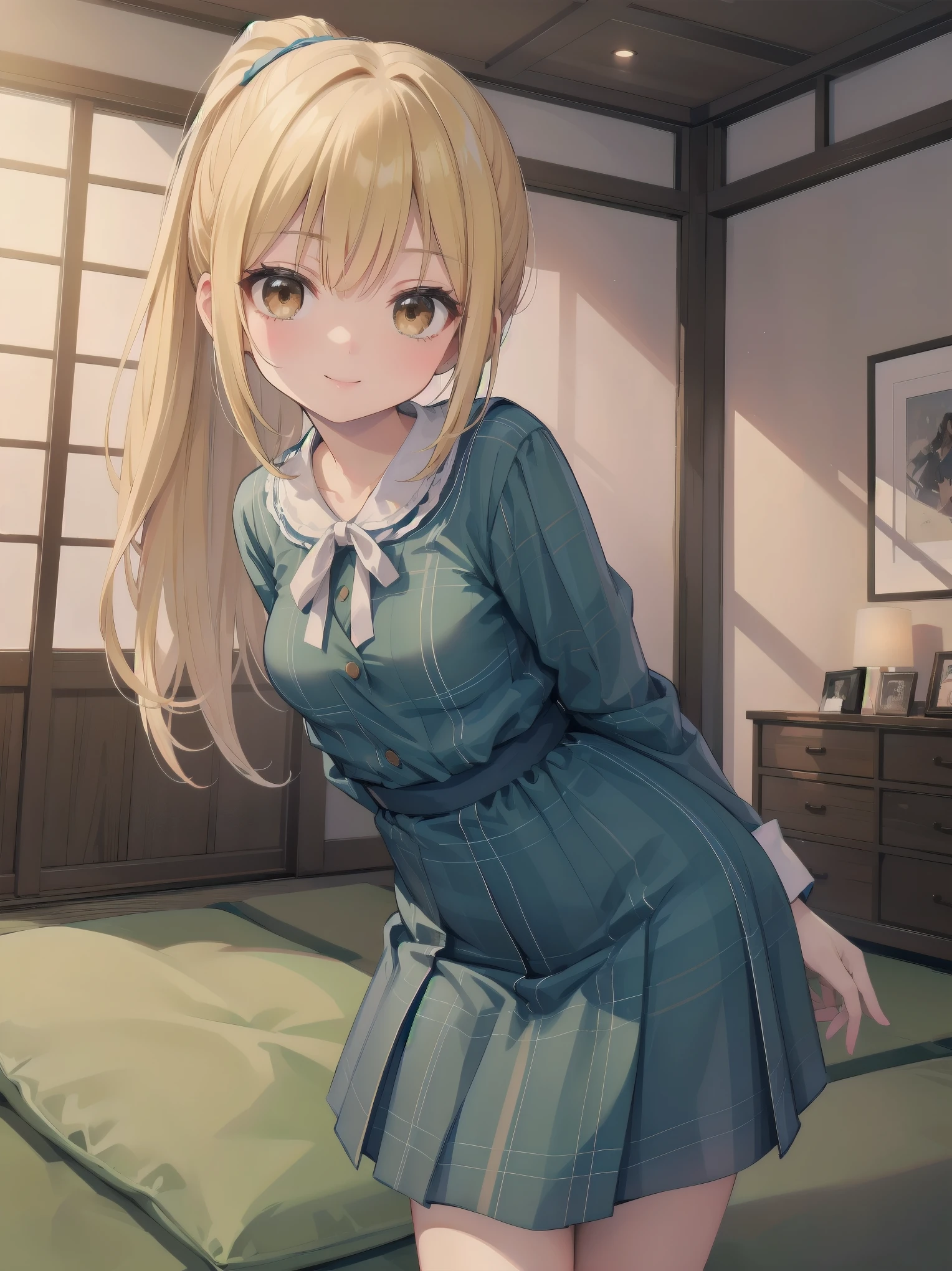 (Masterpiece: 1.3), (Best Quality: 1.2), close-up of one beautiful girl, super hyper-detailed illustration,
BREAK
(Body type: slender, small breasts, naturally charismatic)
BREAK
(Face: outstanding looks, mature beauty, golden brown eyes)
BREAK
(Hairstyle: ponytail, long hair with a smooth texture, layered lightly around the face, ends at chest level, blonde hair)
BREAK
(Fashion: plaid printed splicing dress with vintage long sleeves, modest and stylish)
BREAK
(Pose: bending forward, arms behind her back, bright and inviting smile, silky hair)
BREAK
(Background: cozy, natural interior with wooden features and green tones, 7 tatami mat room with a cosmetic table, bed, futon, cushion, chair, and accessories)