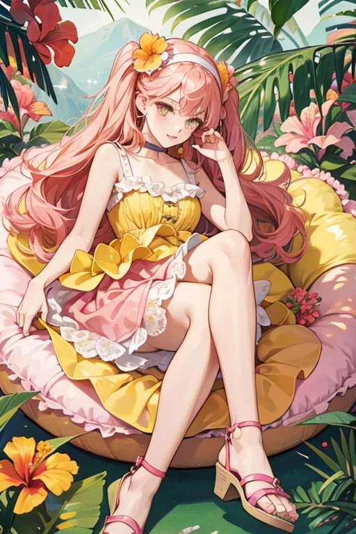 Donatina has an orange highlight in her brown eyes and she wears rosy blush, coral lipstick, and chartreuse eye-shadow. Her long hair is worn in several, large curls with streaks of pale pink and chartreuse, and she wears a yellow headband adorned with colorful tropical fruits, donuts, and pale pink hibiscus. Her outfit consists of a yellow tank-top with a hot pink flower and a dark purple choker, along with a yellow tulle skirt that has a rim of pale blue, and a petticoat of red, all of which are covered in donuts, fruits, and flowers. She wears a pair of yellow and pale pink sandals with a hibiscus flower on the toe strap. SPARKLE; GLITTER