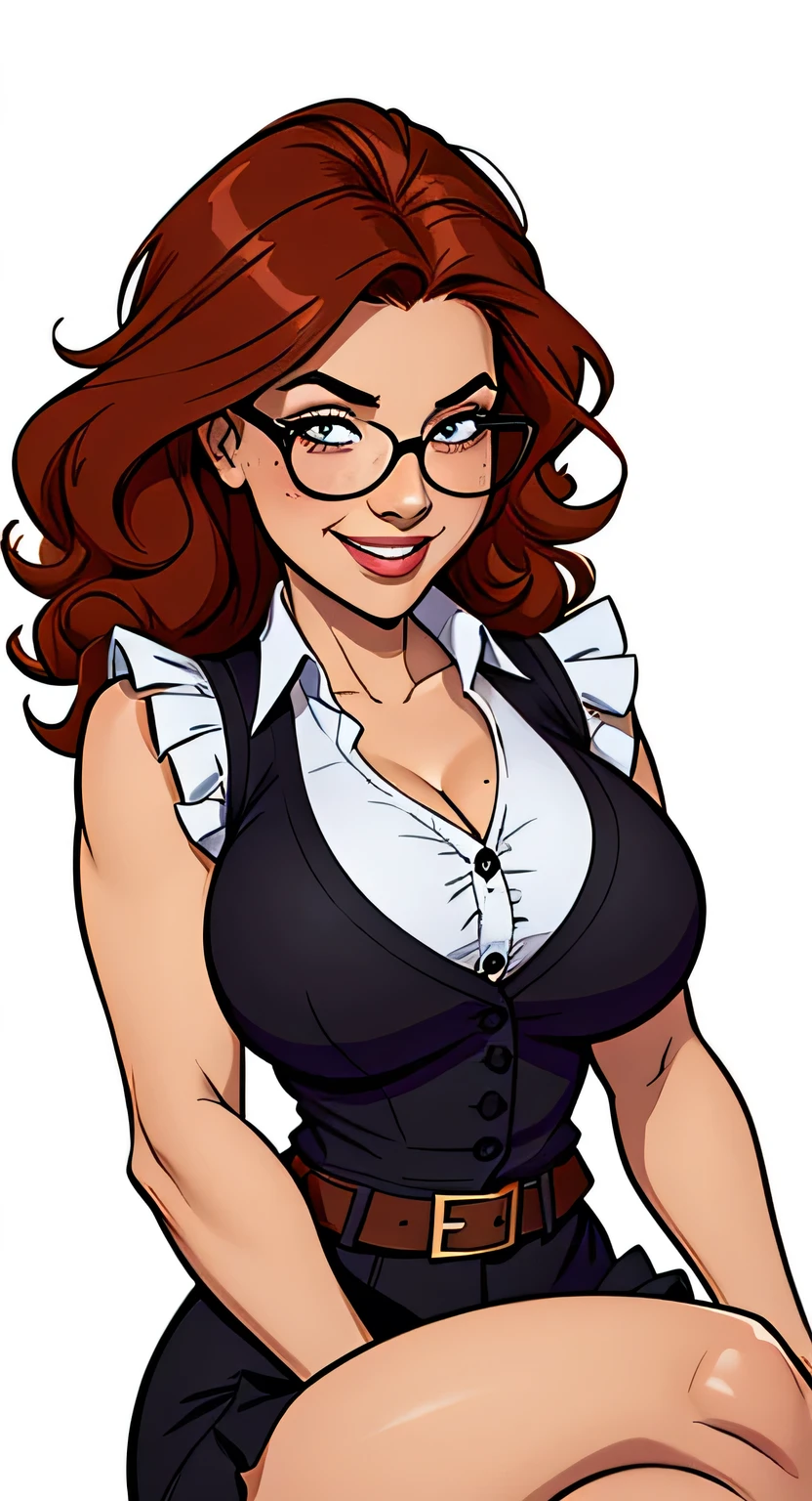 Thin woman, 4K (High definition), beautiful smiling, Professor wearing a black vest over a purple v-neck button-down shirt. (with ruffles), black belt, long white curly hair, Caucasian skin, round glasses, shoulder length wavy red hair, sitting, eyes browns, busty with freckles. comic style, white background.