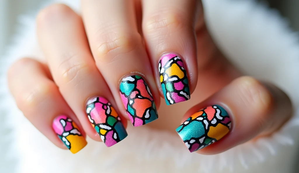 Tropical Mosaic Nail Art: Transform your nails into a vibrant piece of art with this mosaic-inspired design. Each nail is painted in rich, jewel-toned colors like deep magenta, sunny yellow, and vibrant teal. The design features geometric patterns and intricate tile-like arrangements that resemble a tropical mosaic. The background is a soft, matte white that enhances the boldness of the mosaic elements, creating a modern and eye-catching look.