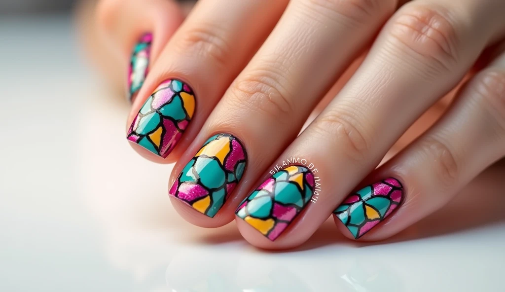 Tropical Mosaic Nail Art: Transform your nails into a vibrant piece of art with this mosaic-inspired design. Each nail is painted in rich, jewel-toned colors like deep magenta, sunny yellow, and vibrant teal. The design features geometric patterns and intricate tile-like arrangements that resemble a tropical mosaic. The background is a soft, matte white that enhances the boldness of the mosaic elements, creating a modern and eye-catching look.








