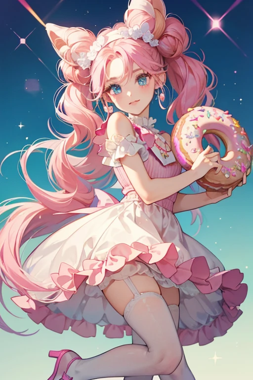 Donatina wears her long magenta hair straightened with a pair of buns and her bangs entirely pulled back with random streaks of light blue. She wears light blue eye-shadow and dark pink lipstick, along with a pink headband with cream-colored monkey ears that have hot pink donut earrings, and a cream monkey tail. She wears a crimped pale yellow top with a pale pink vest that has a fuchsia design at the middle and donut lining around the bottom. She also wears white tulle shorts with scallop lining and a pattern of donuts, pale eyellow and light blue sprinkles, and a curled fuchsia line around the hem. Her pale pink shoes have the same curled design and a brown donut on the top, and the sole is cream. She wears light blue stockings with white curled line design. SPARKLE; GLITTER