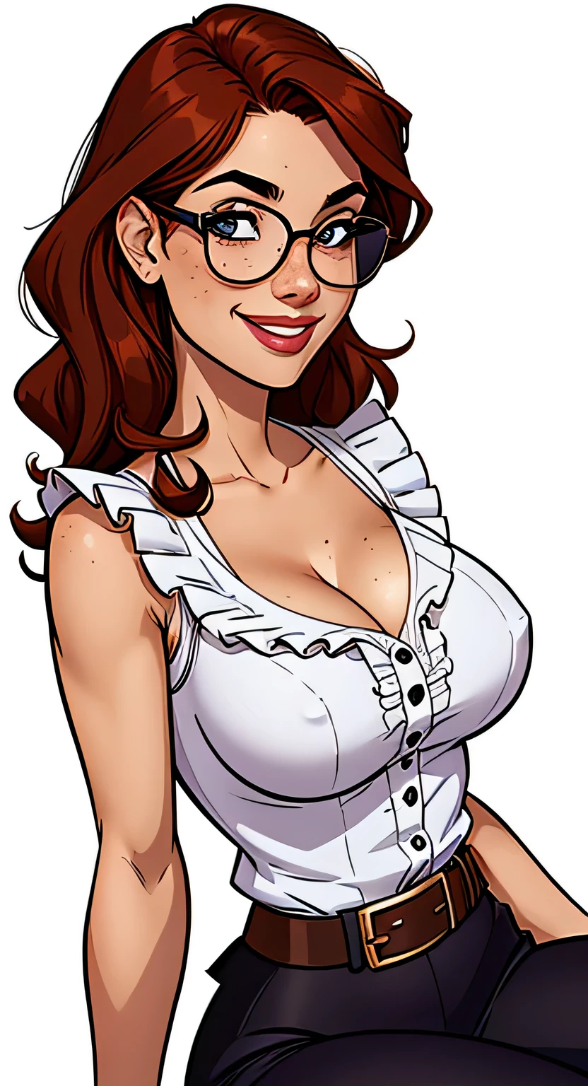 Thin woman, 4K (High definition), beautiful smiling, Professor wearing a black vest over a purple v-neck button-down shirt. (with ruffles), black belt, long white curly hair, Caucasian skin, round glasses, shoulder length wavy red hair, sitting, eyes browns, busty with freckles. comic style, white background.