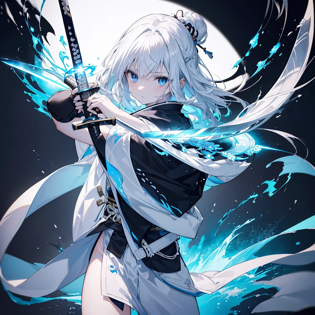 One woman,Very white skin,Transparent((have,Long sword,Japanese sword,Two,Blue Flame,Reflection of light))Close-up Background((Center Part,Black and White,1：1)) Dual-wielding samurai,Focus,He has the dignity of a general.,overwhelm,ambition