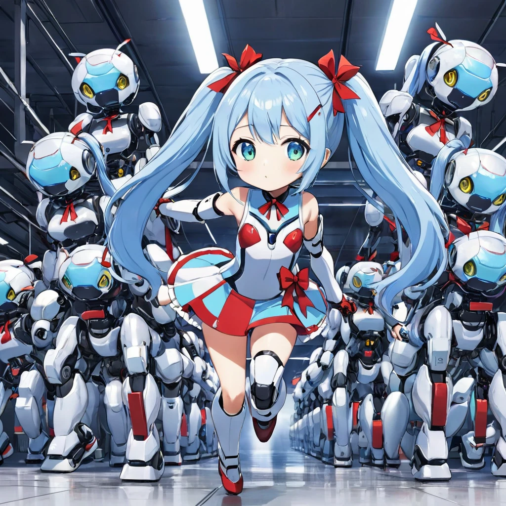 Light blue long hair、A beautiful robot girl with red ribbon twintails、There are many small robots lined up.、Robot Manufacturing Institute、The robots all start running.、Splash Art