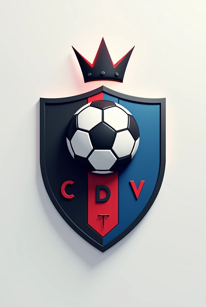 Soccer shield with light colors of black, red and blue with the initials CDV also with a soccer ball in the center of the upper part and with a crown on top of the ball also in the lower part of the shield that says Deportivo del Valle all in 2D
