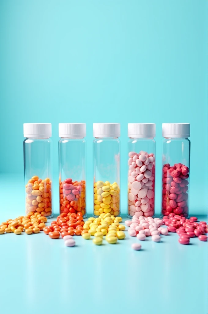 Five transparent plastic bottles containing colorful capsules and tablets pour out against a light blue background.