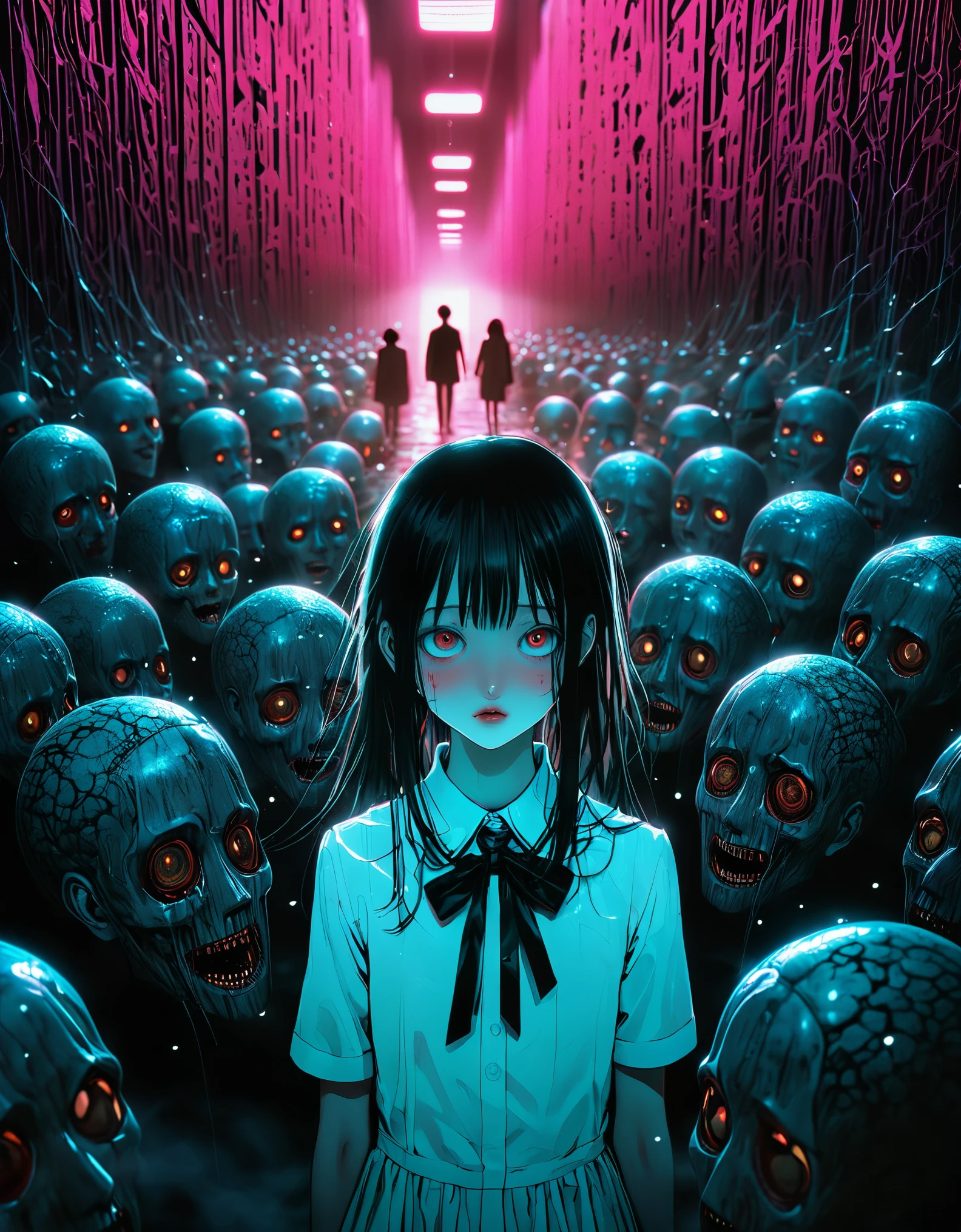 surreal horror, anime style, directed by Junji Ito, high contrast, vivid colors, eerie atmosphere, psychological tension, intricate line work, decapitated heads