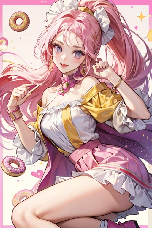 Donatina's eyes have a gold streak to accent her eye-shadow. Her long hot pink hair is pulled into a ponytail and her bangs are brushed into one segment on the left of her forehead. She has streaks of pale pink through it to accent her lipstick, and she wears a magenta headband with a gold bow and winged, stylized pale pink, magenta, and gold donut. She wears a pale pink top with magenta wing sleeves and frilly trim, with white fabric covering her neck and adorned by a yellow ornament resembling the donut from her headband, along with magenta puffed shorts covered in pale pink diamonds, dots, and donuts, and going down the middle of each leg is a stripe of pale yellow. She also wears a yellow bracelet and white boots with yellow donuts going down the middle, border, and magenta foot. SPARKLE; GLITTER