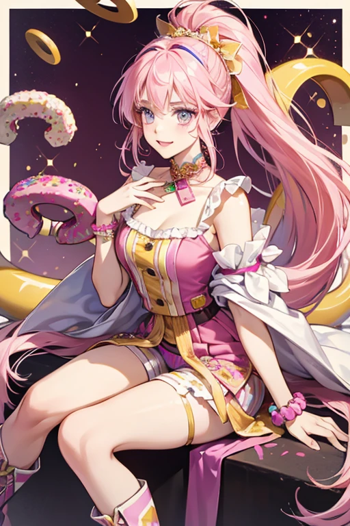 Like all the members of Kikitchi's family, Mademoiselle Koko resembles a monkey. Her body is mostly purple, but her face is a light cream color. She has pink cheeks, a cat-like mouth, half-lidded eyes with pink eyeshadow, and a mole beneath her left eye. She wears a pink turban with white pearl-like decorations, orange and yellow earrings, and a pink dress with a fluffy white collar. In her official art she wears black stockings, but her DS sprite depicts her with purple legs. She also appears to carry some kind of pet with her, which is long, pale green, and furry. SPARKLE; GLITTER