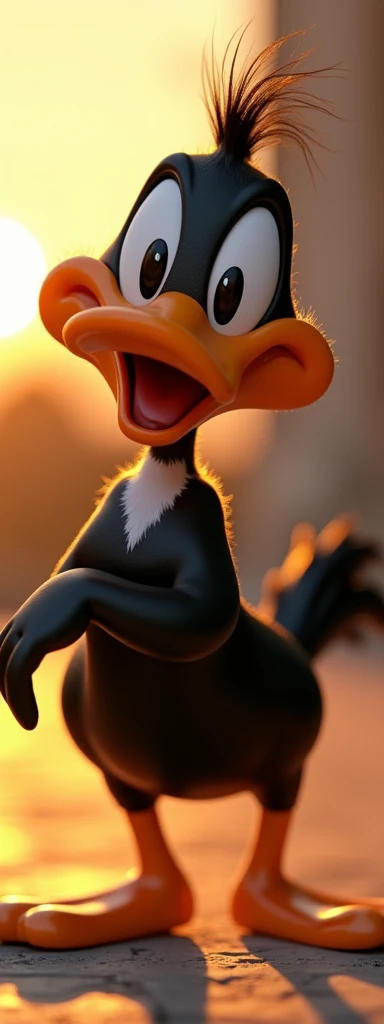 (daffy duck, looney tunes art style, CGI, 3D, cartoon, sharp focus, 8K, highly detailed, cinematic lighting, vivid colors, golden hour lighting, dynamic pose, expressive facial features, detailed feathers, glossy beak, character acting, whimsical, humorous, masterpiece)