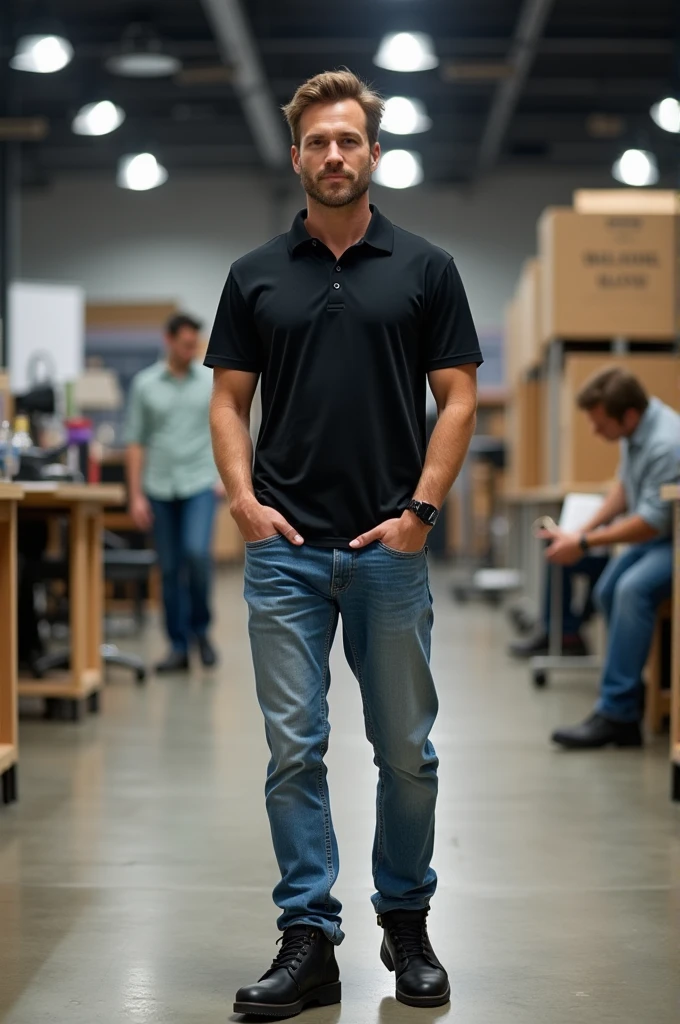 an event planner wearing a black polo shirt and light blue jeans, with a black work boot