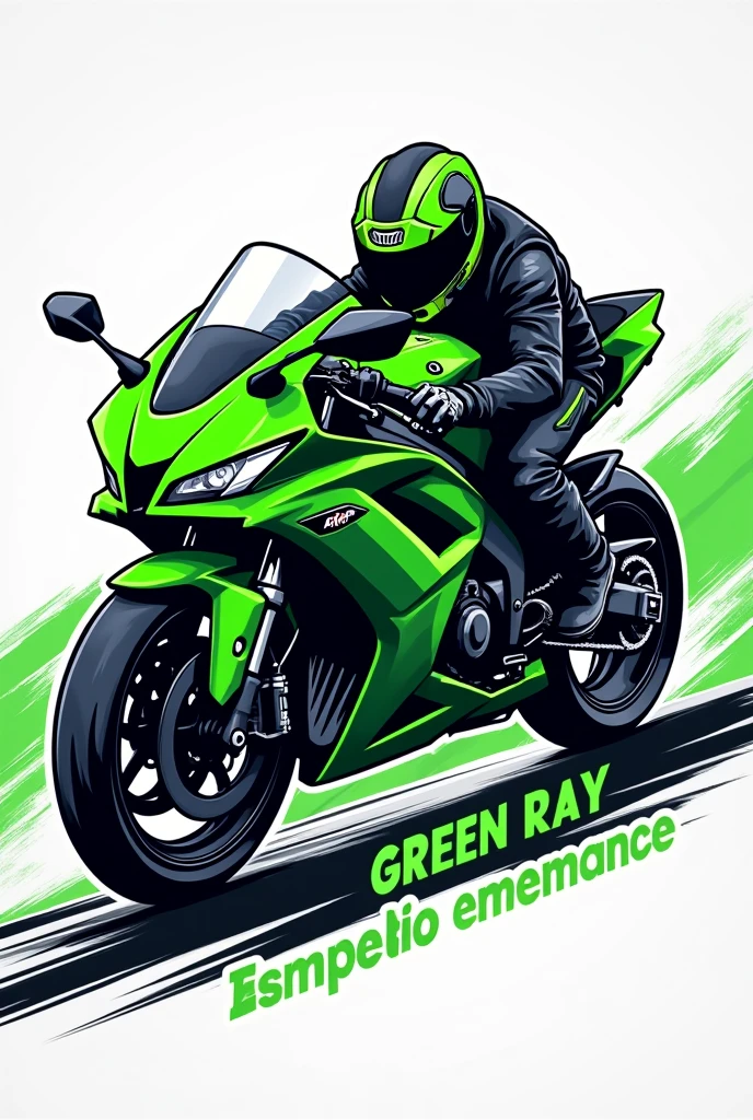 a logo themed on the black silhouette Green lightning bolt in the shape of a Kawasaki Ninja 300 motorcycle of cylinder capacity, falling on the track, The bike is in profile and under the surface it says "Green ray" "You don&#39;t need wings to fly" in Spanish, It's a cartoon and eye-catching 