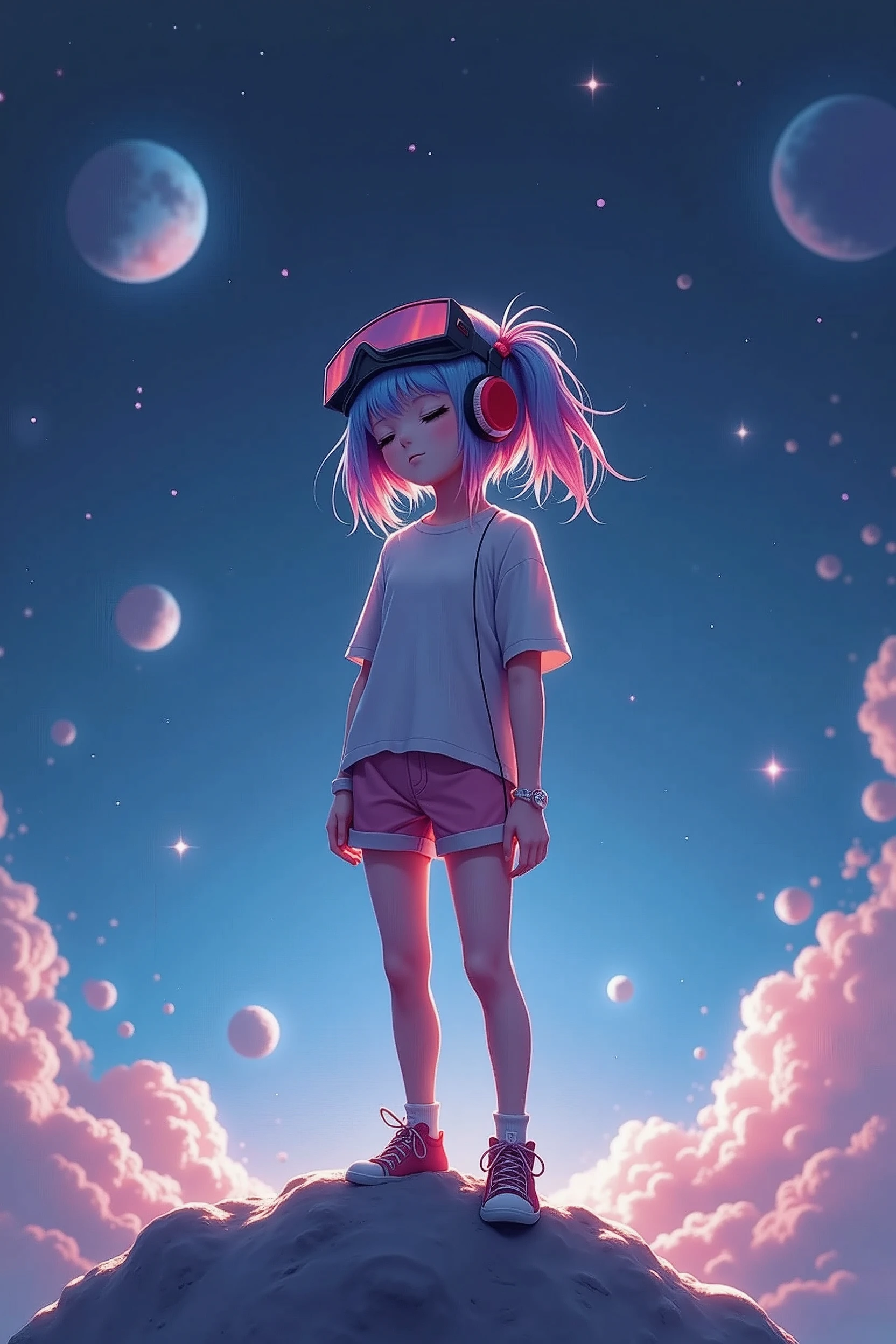 A girl wearing shorts and small top standing on the moon with space in the background, stars, planets, multicolored hair, goggles, headphones, eyes closed, eyes closed, Futurism, glowing light, sparkle, chromatic aberration abuse, atmospheric perspective, UHD, retina, high quality, highres, 16k