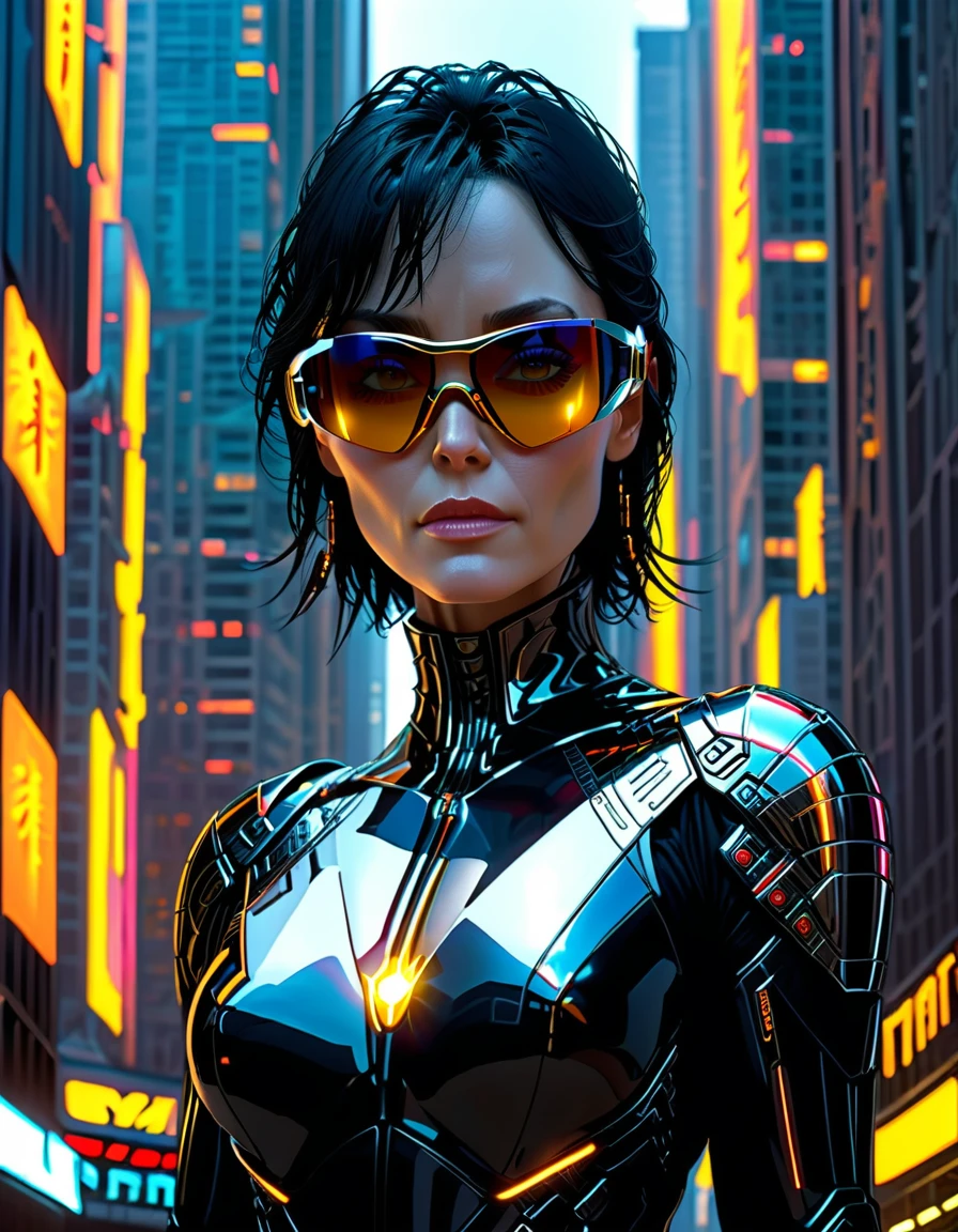 The awesome female Cybernetic Warrior [Trinity:Carrie-Anne Moss], wears dark suite like costume and wears sophisticated black sun glass, standing quietly and calmly at the top of the skyscrapers of the cyberpunk city 