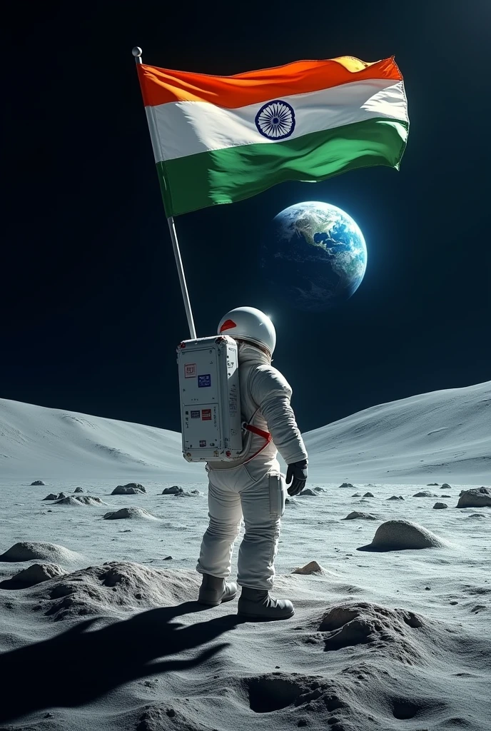 india flag flying in moon, Indian Astronaut seeing india in earth from moon