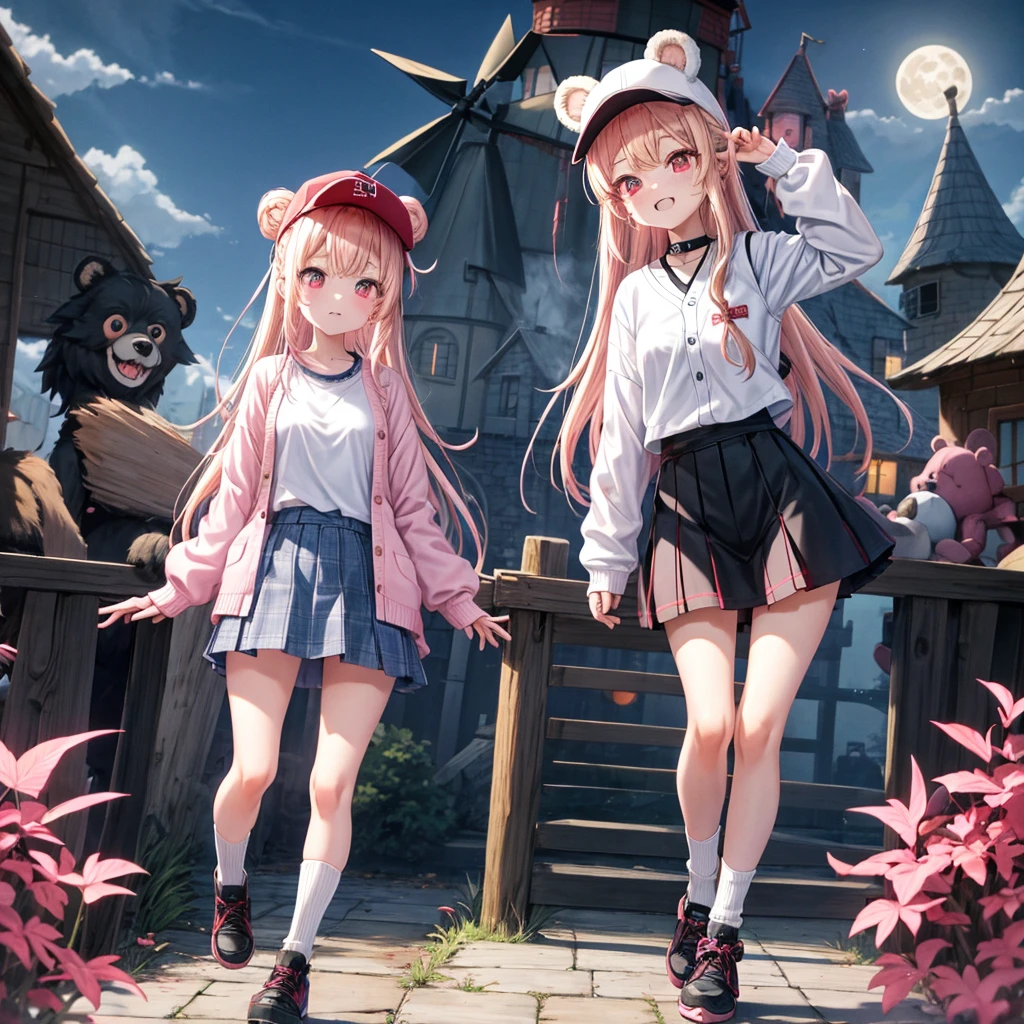 Pink Blonde、Red eyes、Hair tied up、Two cute、Checked mini skirt、black t-shirts、cardigan、Knee-high socks、bear ears baseball cap、Burning Full Moon、The tree is dead、Teeth are visible、Monster Castle、Tilting face、crossing the bridge、Black and White、windmill