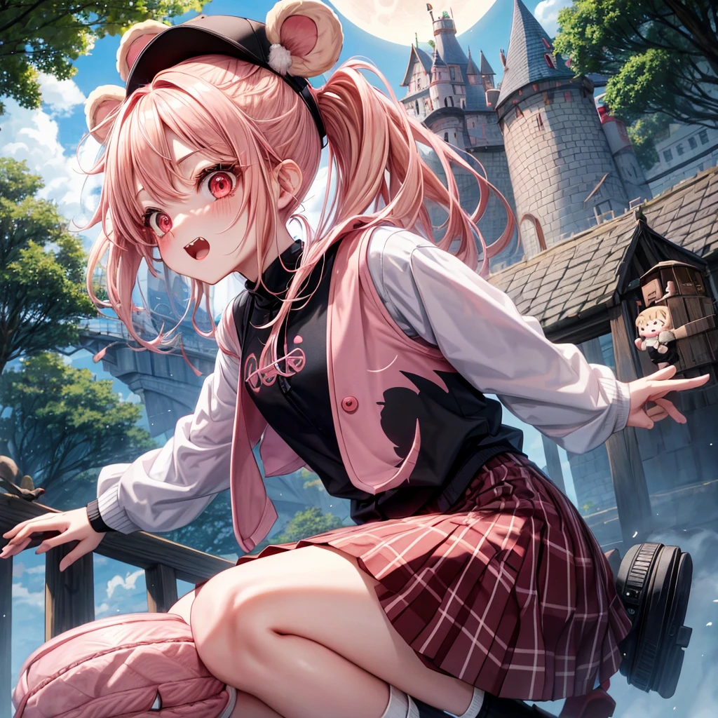 Pink Blonde、Red eyes、Hair tied up、Two cute、Checked mini skirt、black t-shirts、cardigan、Knee-high socks、bear ears baseball cap、Burning Full Moon、The tree is dead、Teeth are visible、Monster Castle、Tilting face、crossing the bridge、Black and White、windmill