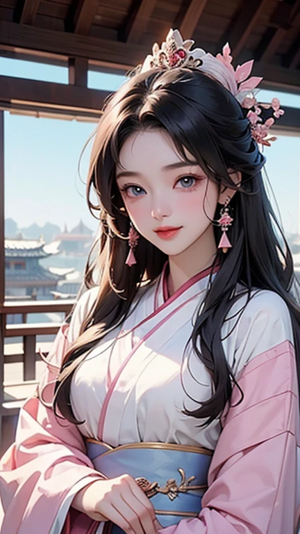 (Highest quality、 8k 、masterpiece、High resolution)、(Chinese Drama、Changgexing、Li Changge、Dililaba)、Tang Dynasty、Changan、1 Female、Beautiful young person、blue eyes、Pretty lips、Hairpin、(Noble Princess)、(Anime Beauty)、((Full Body Shot))、(Anime Art)、Smiling and posing happily、Bright atmosphere、Light colored long hair、Light pink Hanfu、Changanの街並み、Tang Dynasty Buildings、Tang Dynasty Buildings、Official Art、Detailed CG、