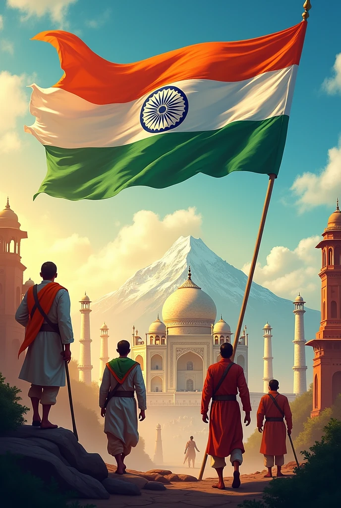 Happy 78th independence day to India with floating Indian flag and which contains Mount Everest, Taj Mahal , humpy, charminar, amaravati, and Indian freedom fighters .