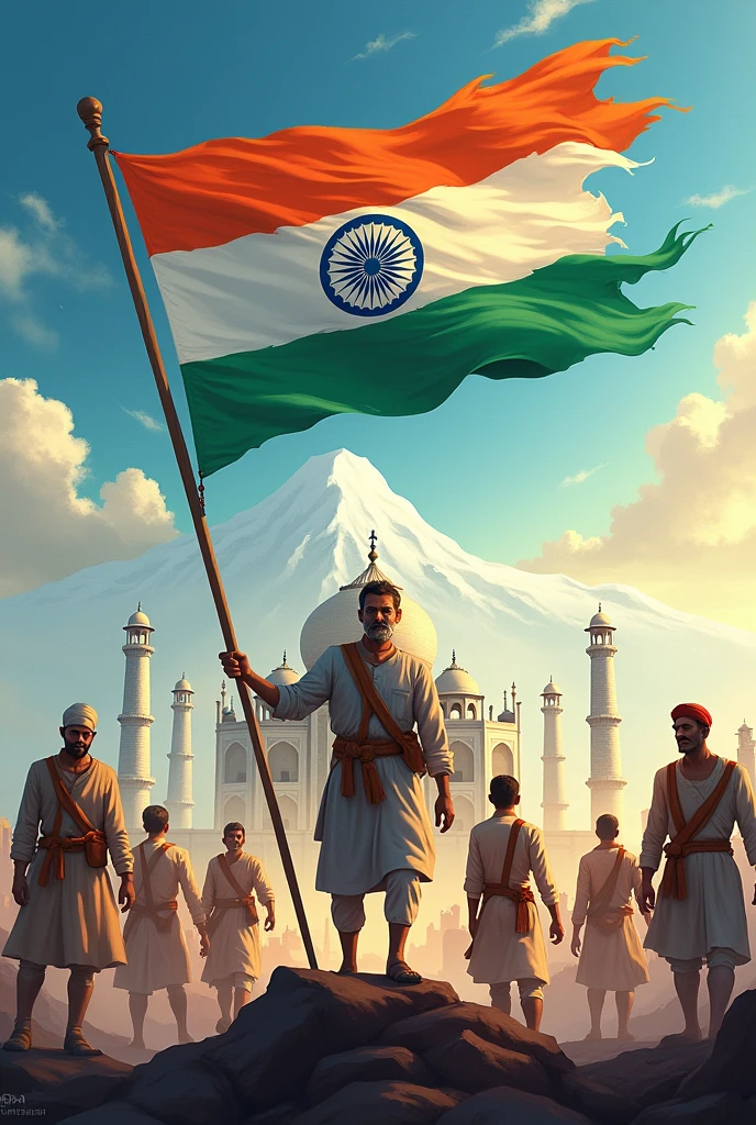 Happy 78th independence day to India with floating Indian flag and which contains Mount Everest, Taj Mahal , humpy, charminar, amaravati, and Indian freedom fighters .