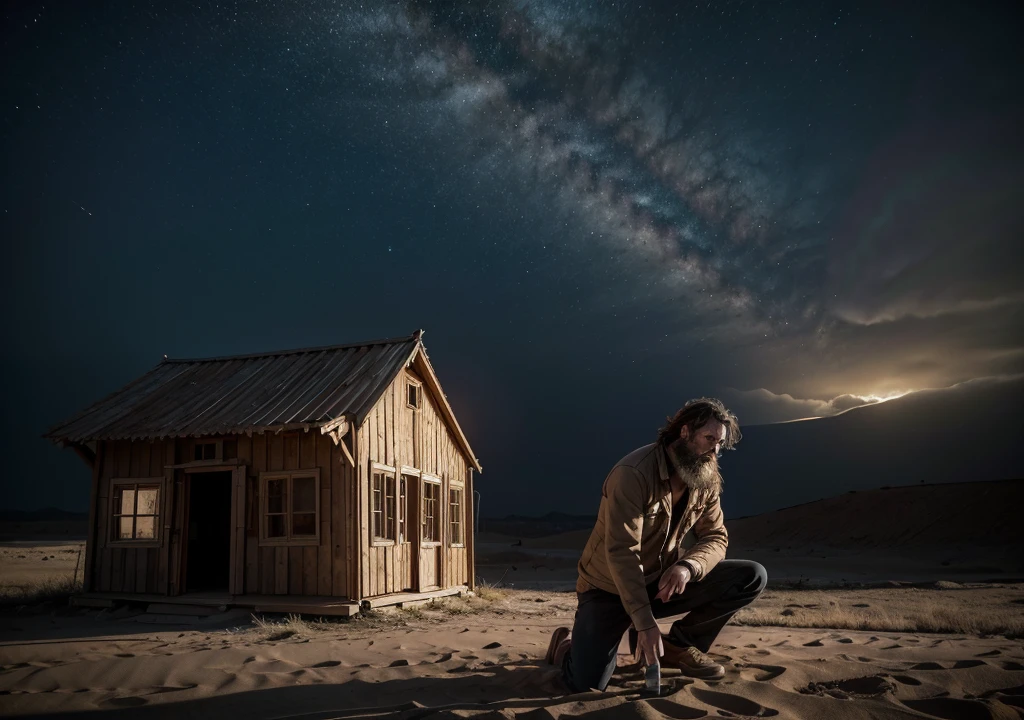 "a middle aged man, with unkempt beard and hair, expressing deep sorrow and despair, he is kneeling in a barren desert with strong winds. Ao fundo, there is a wooden house crumbling, symbolizing loss and destruction. The atmosphere is one of devastation, with dust and sand being raised by the wind. another man, Kneeling in the background, he seems to lament while holding an inert body. The scene evokes a sense of tragedy and profound suffering. The sky is dark and stormy, increasing the sense of calamity. to the right of the image, the word 'Job' is written in large, golden letters."