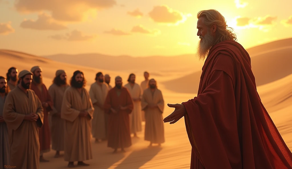 A group of Hebrews in a desert, looking at Moses with hope and gratitude. The scene is lit by the setting sun, creating a warm and emotional atmosphere.