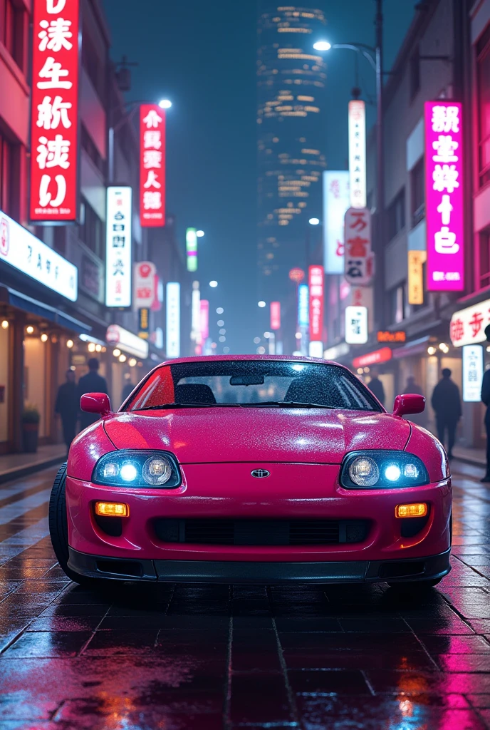 Generate an image of a pink Toyota Supra MK4 in a 1980s Japanese setting.