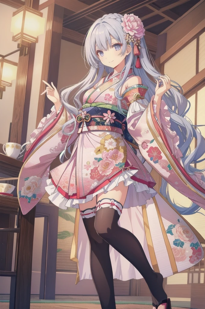 pixai,  Intricate details, High resolution, Highest quality, High resolution,
Dynamic pose,
indoor,
smile,
(Bend forward with your hands touching your toes.),
(put your hands in your hair:1.2),
break,
Long Hair,
peony hair,
Iris,
(Small breasts:1.1),
 Frills, kimono, Hair Flower,Wide sleeves, kimono, White knee socks, zettai ryouiki, Floral print, skirt,Removable sleeves,
