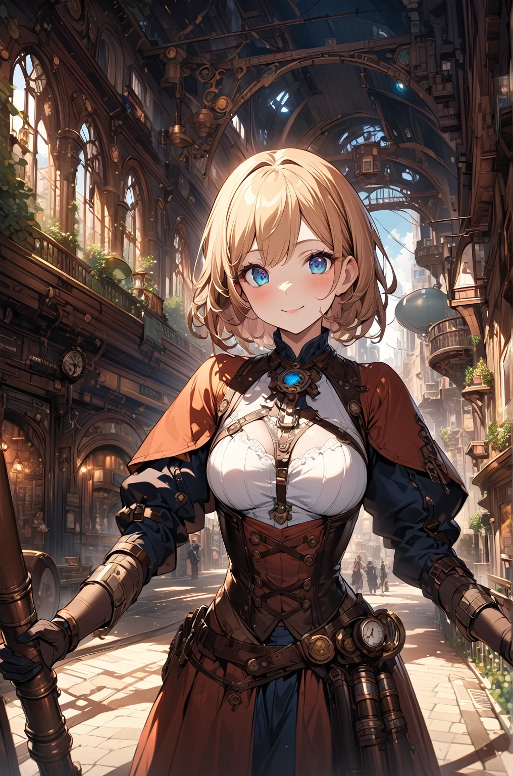 Create an illustration depicting a  overlooking a steampunk cityscape. The girl has dark skin, short blonde hair and shiny blue eyes. The girl should be standing in a vantage point, Rooftops, bridges, etc., Look down on the intricately designed steampunk city below. The cityscape should be meticulous and detailed, Showcase the intricacies of gears, pipes, And glamorous architecture. Her expression was、It should be one of the surprises and curiosities when observing a bustling city full of mechanical wonders, blimp, And glamorous architecture. Surround the scene with a warm atmosphere, Golden light to enhance the atmosphere, Emphasize brass and copper tones of steampunk elements. Capturing the adventurous spirit and charm in the eyes of a girl, Reflecting the charm of the fantastic steampunk world around her. The whole illustration should have a nostalgic vibe, Girl smiles. highly detailed, vibrant appearance, creative behavior, extremly detailed, imaginative, sensual, spontaneous, highest quality, skin texture, intricate details, (cinematic lighting), RAW photo, 8k, masterpiece,best quality,ultra-detailed,very detailed illustrations,extremely detailed,intricate details,highres,super complex details,extremely detailed 8k cg wallpaper,