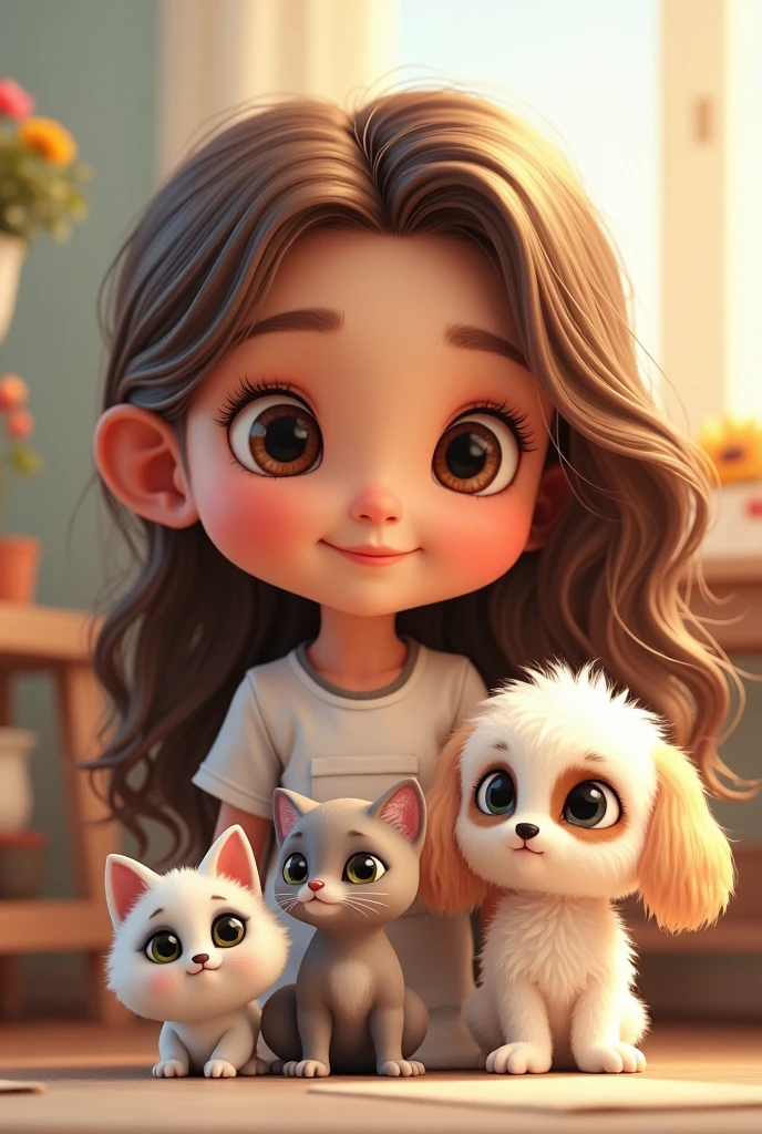 Girl with the following physical characteristics: brown wavy hair, large eyes, round, rosy cheeks. Must have three pets: a white poodle, A small, white, short-haired Chihuahua with a circular brown spot around one eye, and also a light gray cat with white that goes like a line from the eyes to the whole muzzle.