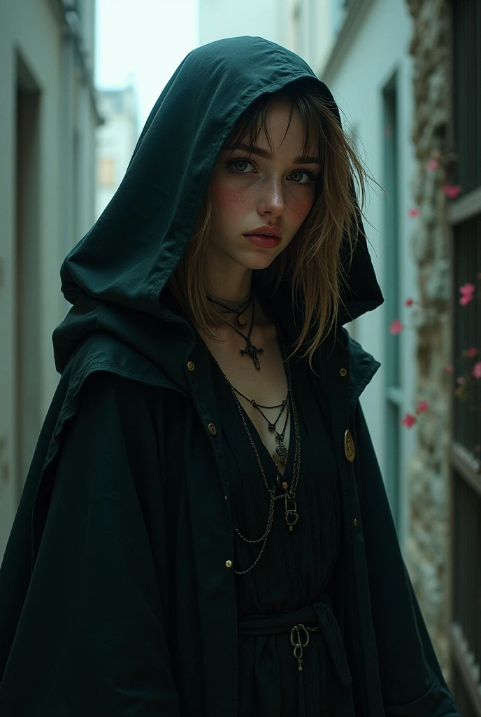 Young Brazilian alternative grunge style human with normal clothes fascinated by Greek mythology and supernatural creatures, deep connection with the dark forces of the night, Horror and mystery RPG set in modern times, the basic image, occultist, medium size hair, light brown or dark blonde , very clear skin, with a cloak