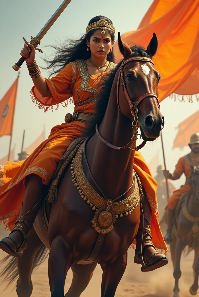 Indian young lady warrior on horse with crown on head and long sword in hand, background looks like fighting with mughals for freedom with saffron flags, face view
