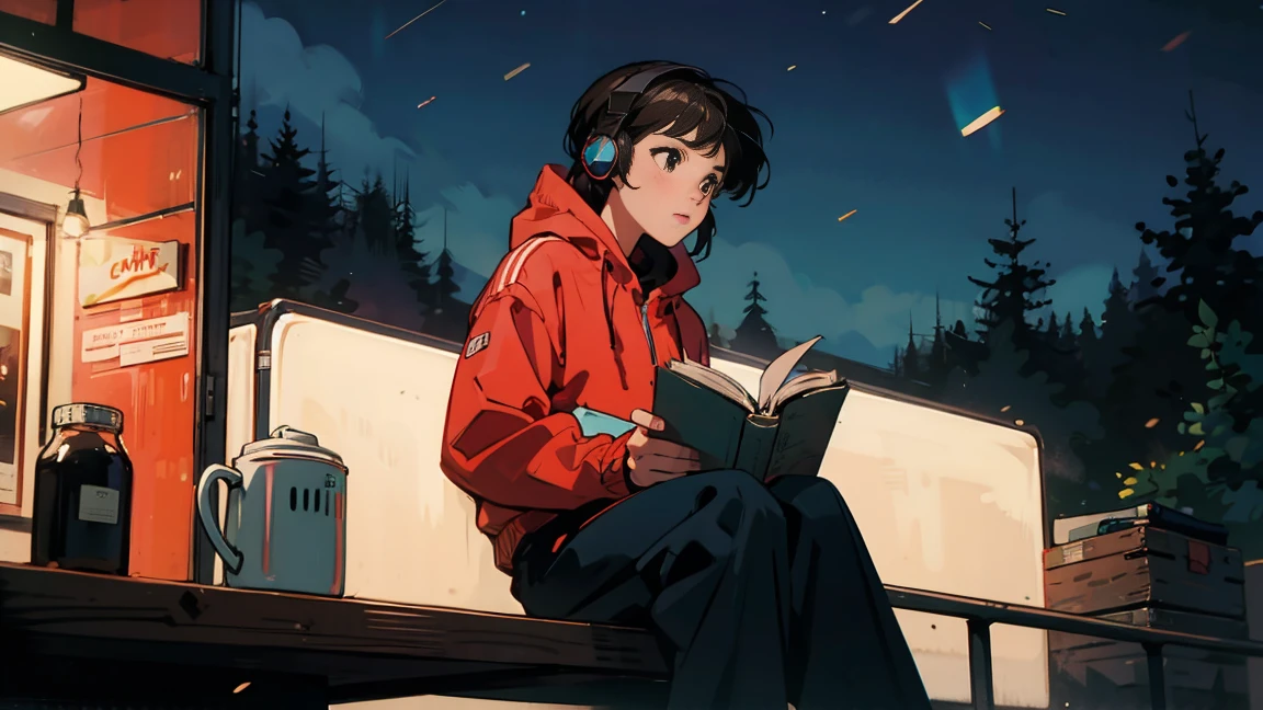 Highest quality, 8k, 1990s style,Hairstyles of the 2010s, 21 year old girl, Black Hair, Light brown eyes, City Pop, pants ,Night view, Wear headphones,Reading a book, whole body, Relax Coffee,table,making