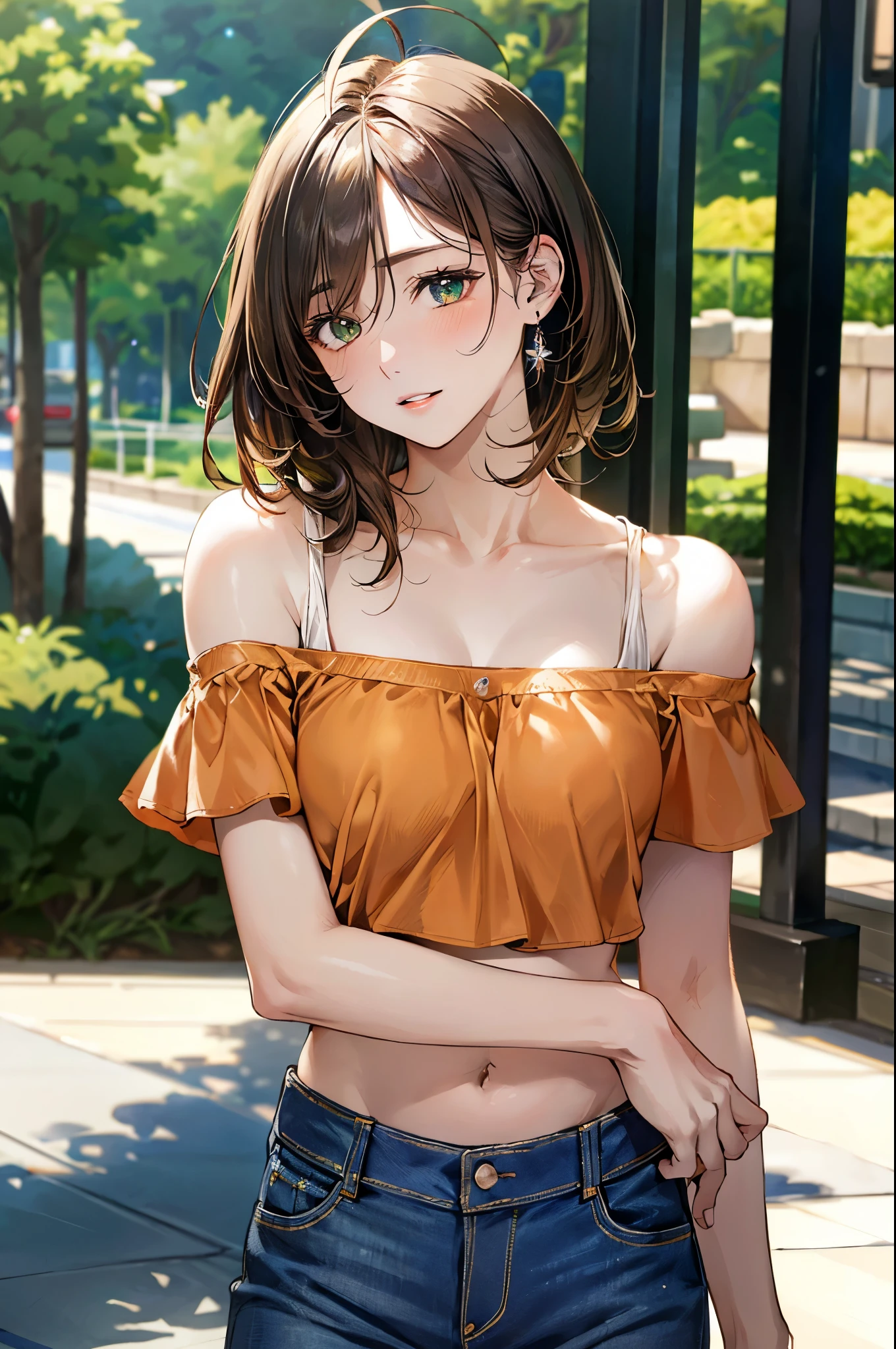 (masterpiece:1.3, top-quality, ultra high res, ultra detailed), (realistic, photorealistic:1.4), beautiful illustration, perfect lighting, natural lighting, colorful, depth of fields, surrealism, 
beautiful detailed hair, beautiful detailed face, beautiful detailed eyes, beautiful clavicle, beautiful body, beautiful chest, beautiful thigh, beautiful legs, beautiful fingers, 
looking at viewer, (face focus, upper body), 1 girl, high school girl, (perfect anatomy, anatomically correct, super detailed skin), cute and symmetrical face, babyface, perfect face, perfect eyes, shiny skin, 
(short hair, sideburns, straight hair, light brown hair), ahoge, hair between eyes, blue-green eyes, big eyes, long eyelashes, (medium breasts, seductive thighs), slender, narrow waist, 
(detailed cloth texture, break short sleeve off- shoulder orange shirt, midriff:1.2, break denim tight skirt), break 
(beautiful scenery), evening, (caffee:1.2), ((hair twirling)), (head tilt, close eyes, parted lips), 