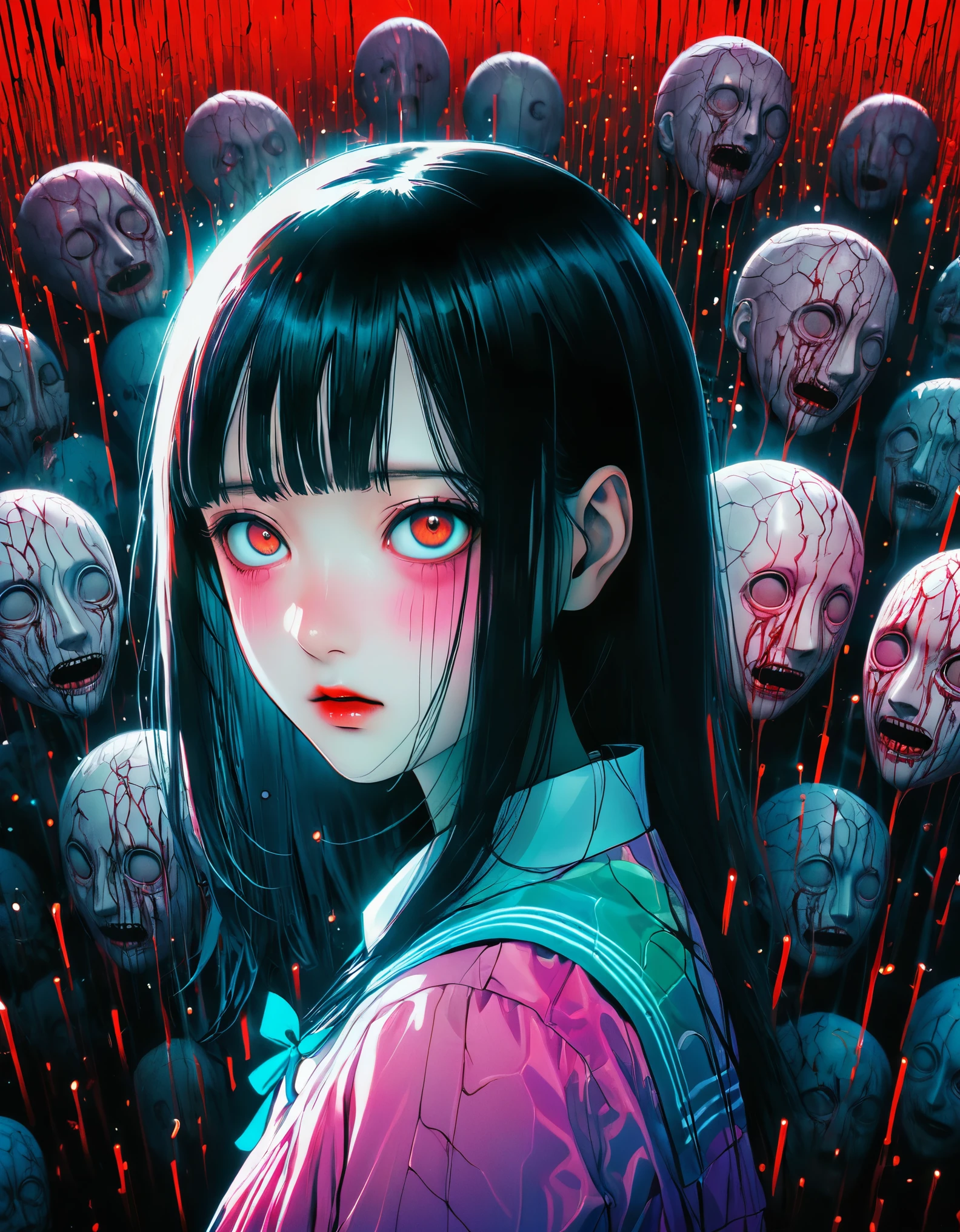 surreal horror, anime style, directed by Junji Ito, high contrast, vivid colors, eerie atmosphere, psychological tension, intricate line work, decapitated heads